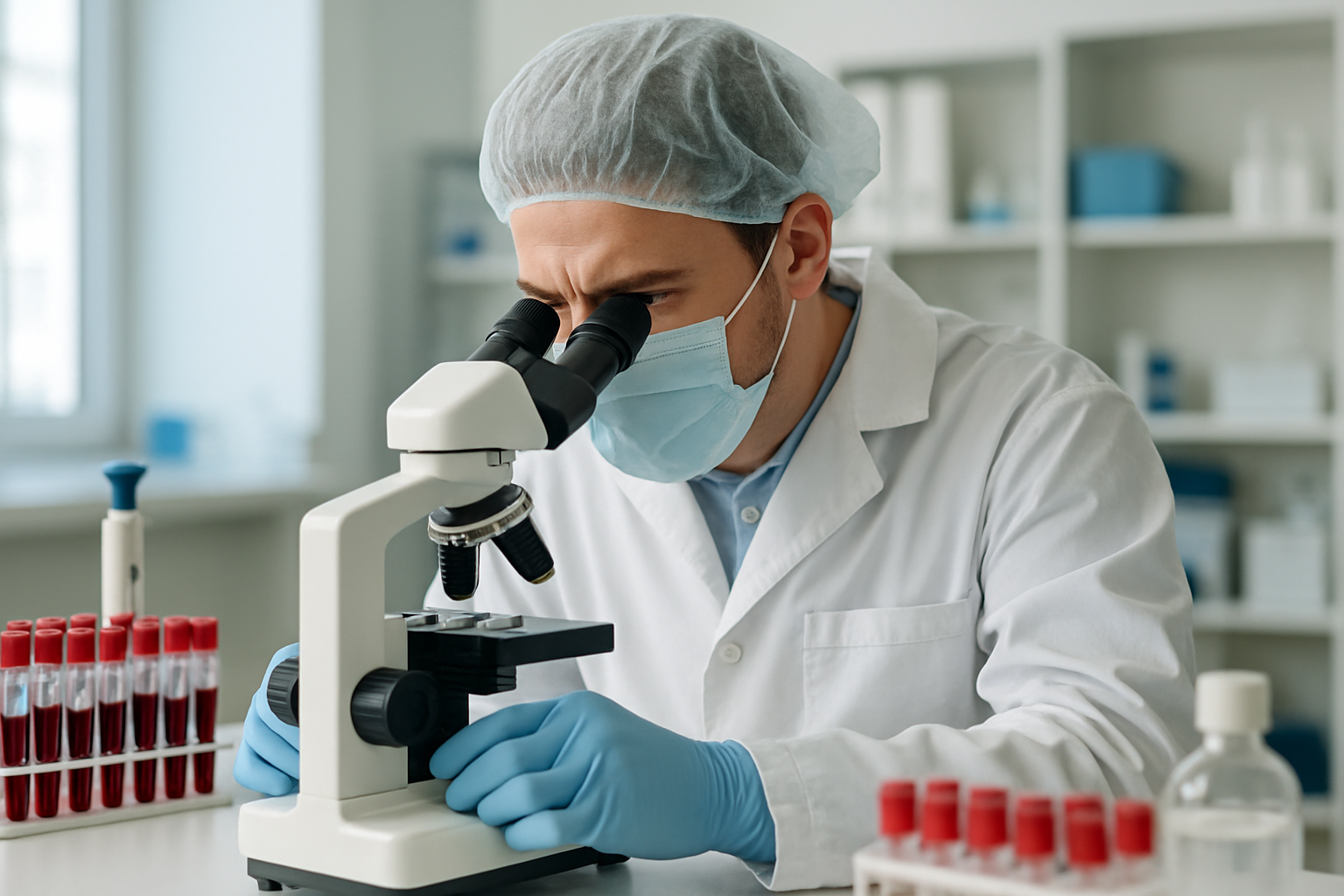 Laboratory technician analyzing blood samples for diabetes research.