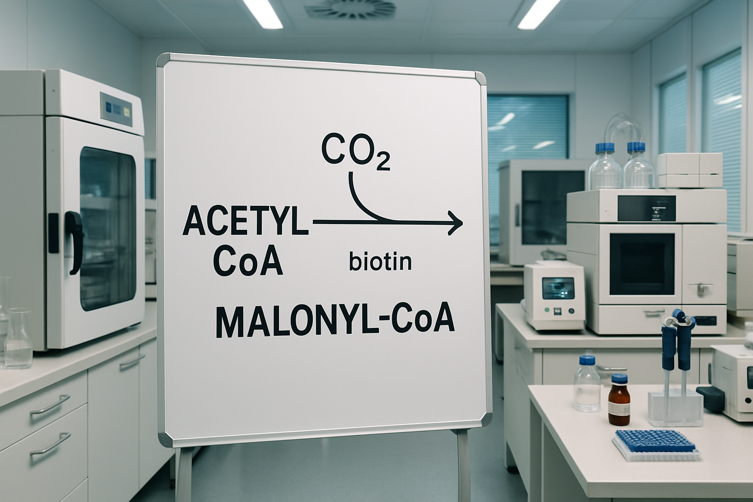 Cleanroom setup for conversion of acetyl-CoA to malonyl CoA in fatty acid synthesis.