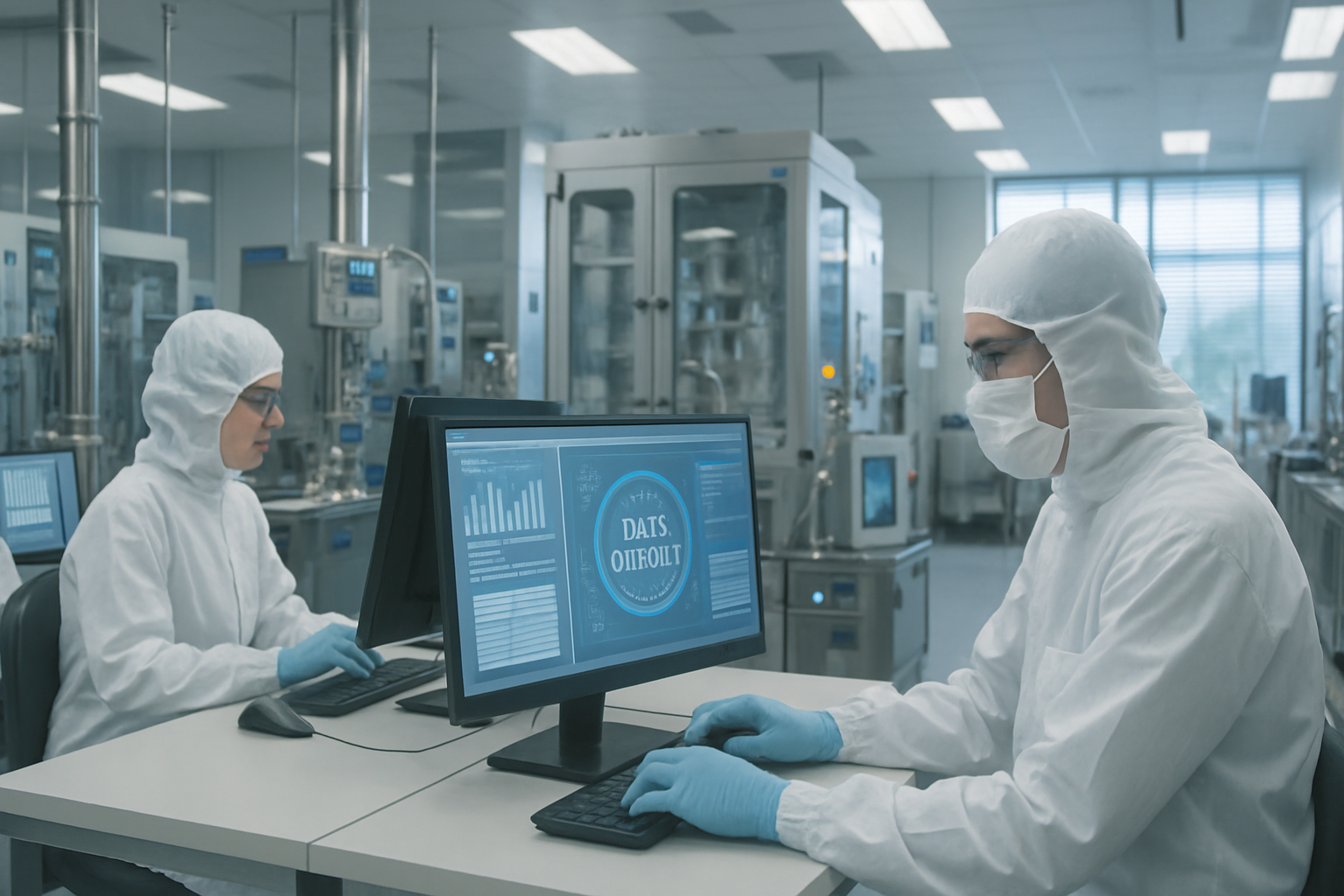 Technicians in a cleanroom managing data integrity systems in a pharmaceutical facility.
