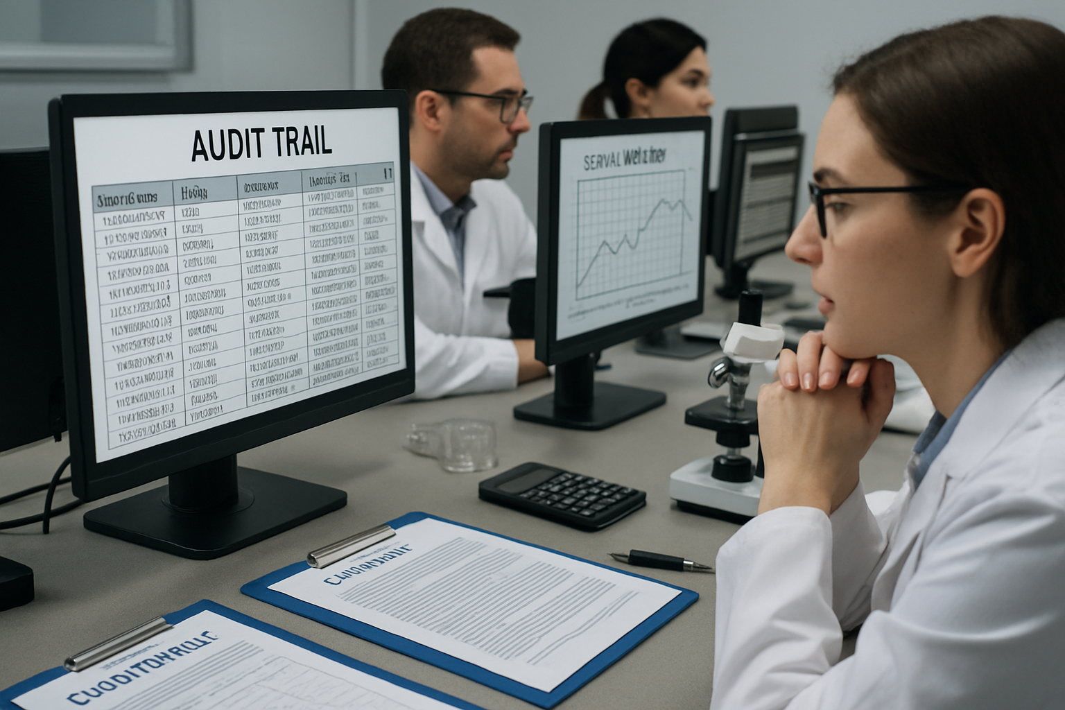 Quality assurance staff reviewing data audit trails in a pharmaceutical lab setting.
