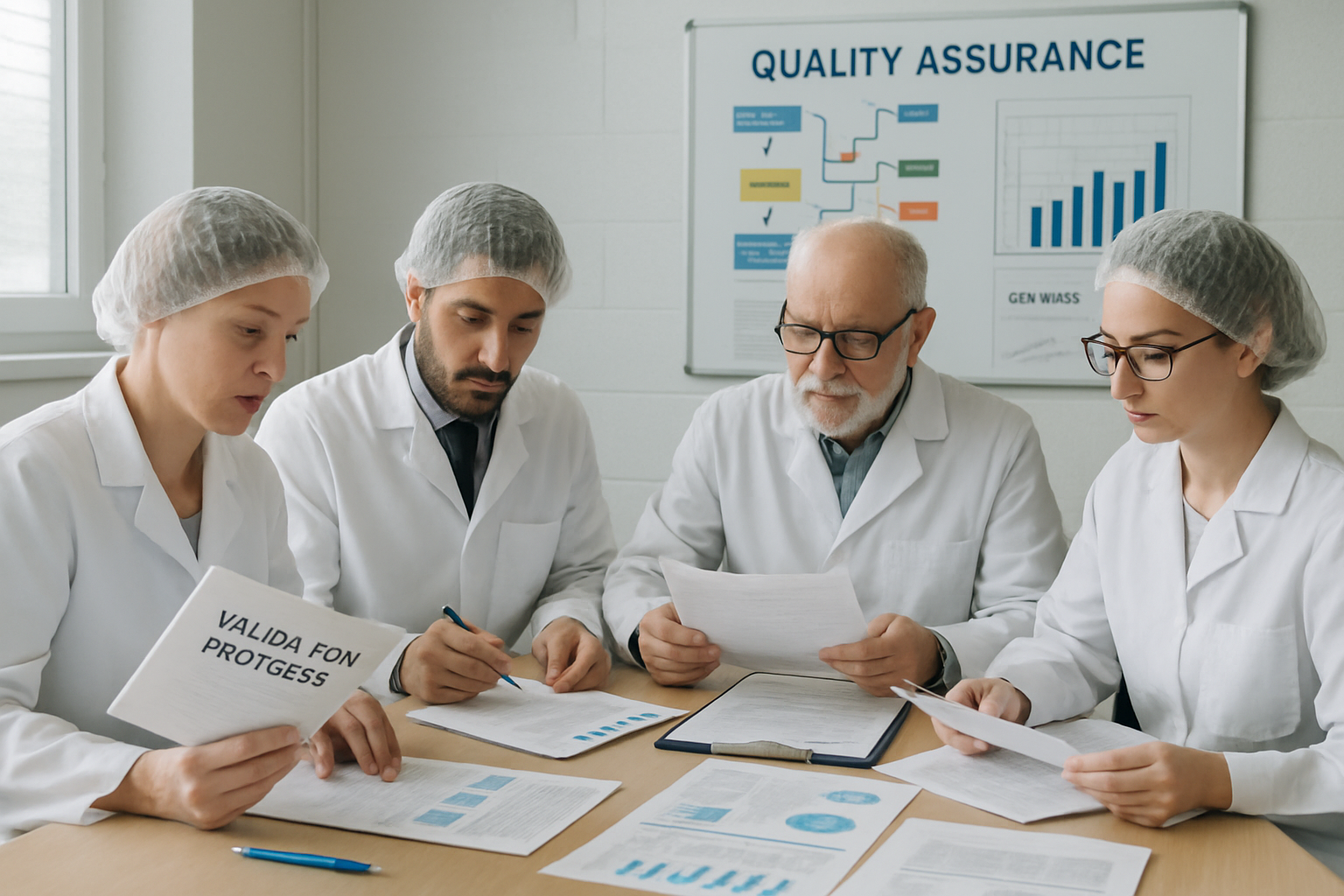 Quality Assurance team reviewing validation protocols in a pharmaceutical office.