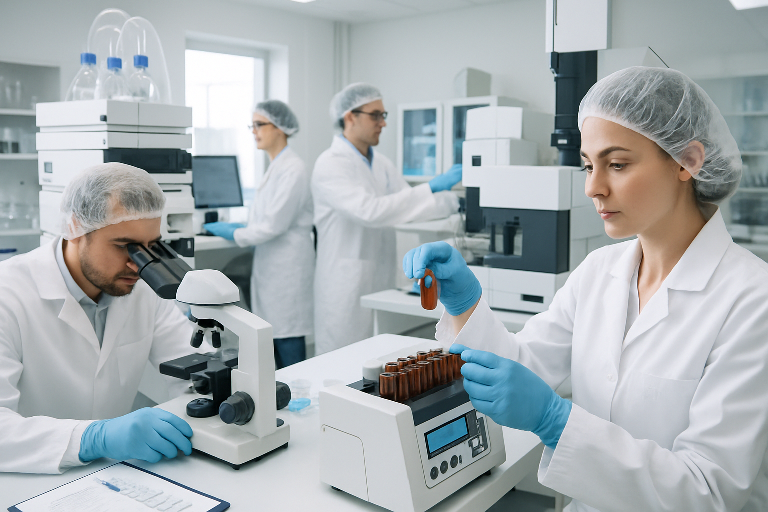Quality Control scientists performing analytical tests in a clean pharmaceutical laboratory.