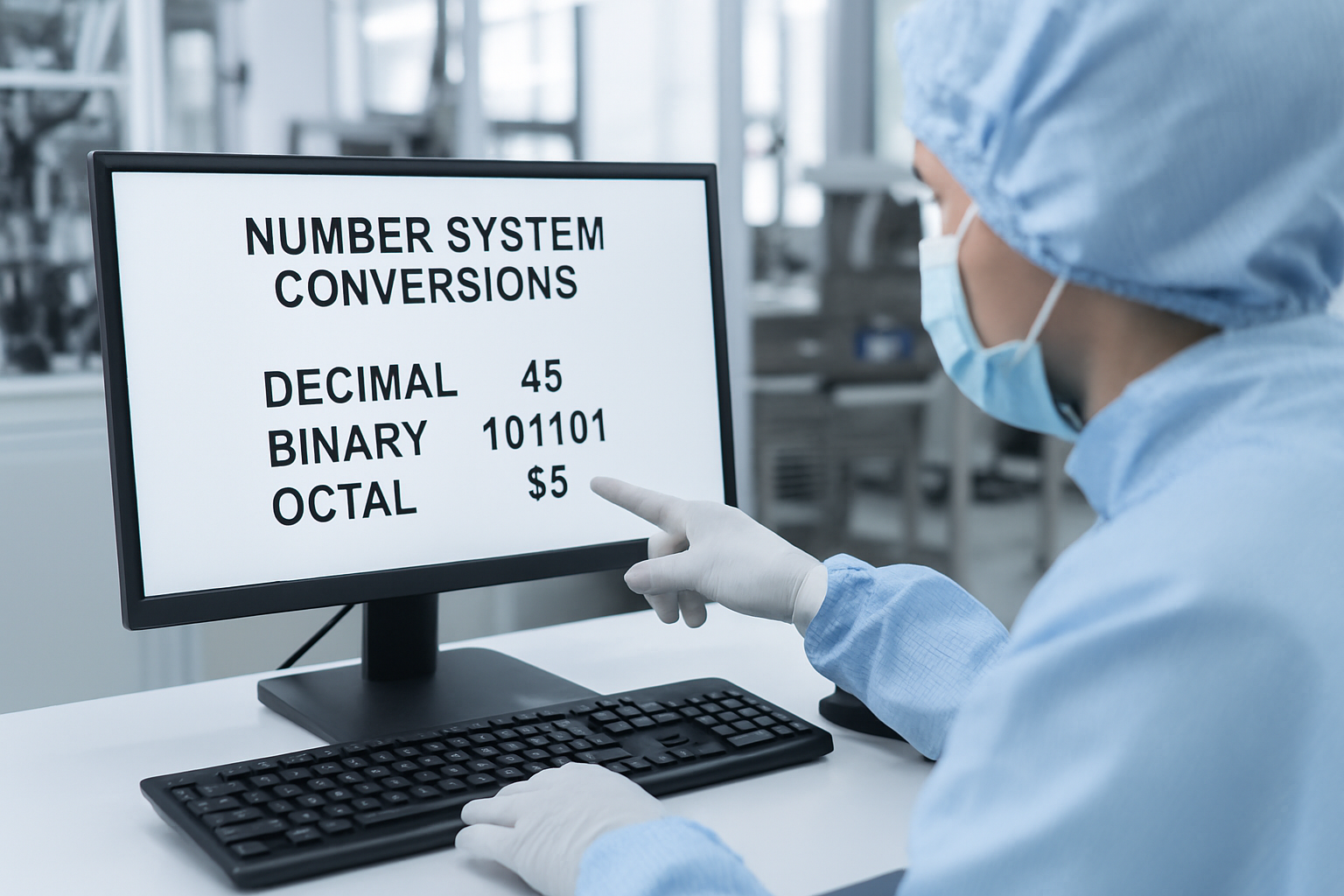 Technician in a cleanroom using a computer for number system conversions.