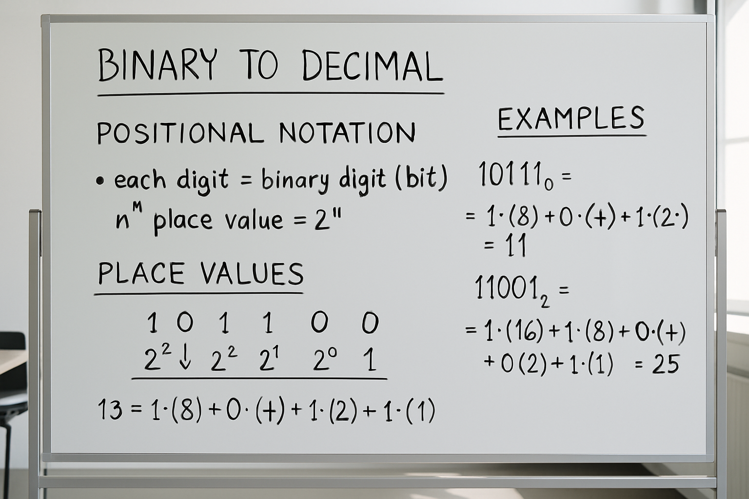 Whiteboard with notes on positional notation for binary to decimal conversion.