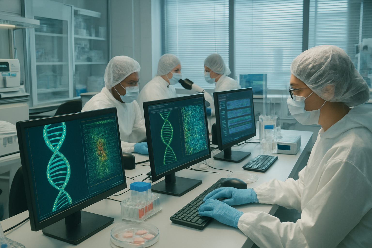 Scientists analyzing genetic data in a bioinformatics lab for vaccine research.