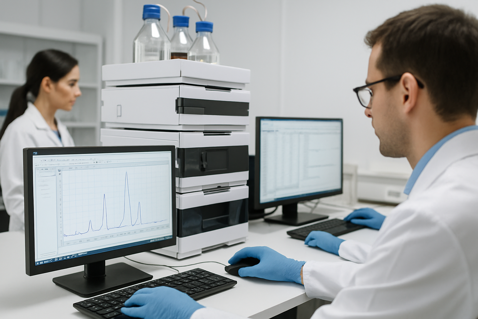 High-performance liquid chromatography (HPLC) system in a pharmaceutical lab for data analysis.