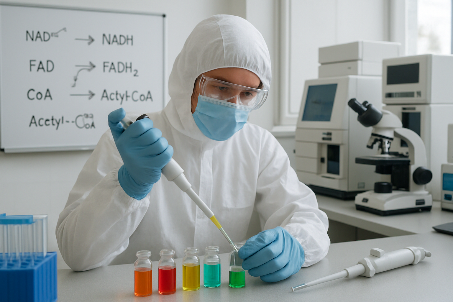 Scientist in a cleanroom analyzing coenzyme solutions with advanced lab equipment.