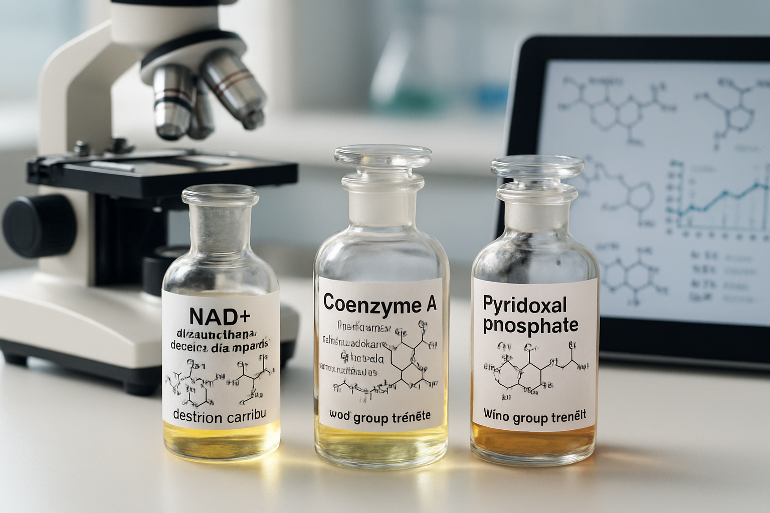 Close-up of coenzymes in glass containers, showcasing their structures and functions in a lab setting.