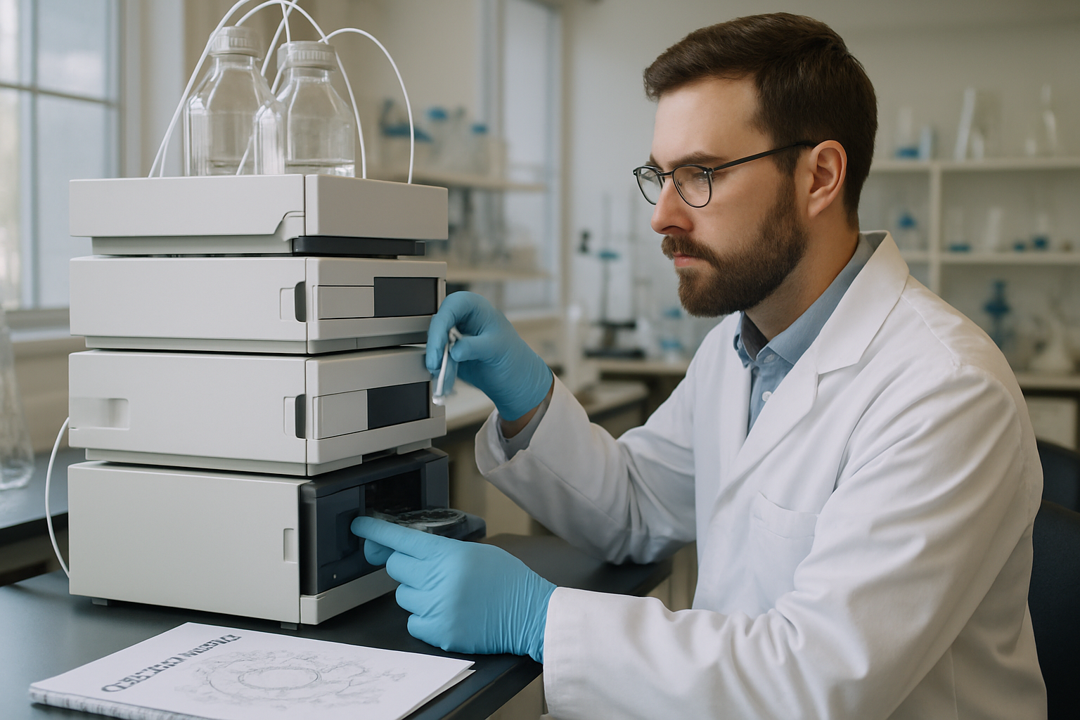 Biochemist using HPLC to analyze samples in a lab focused on the citric acid cycle.