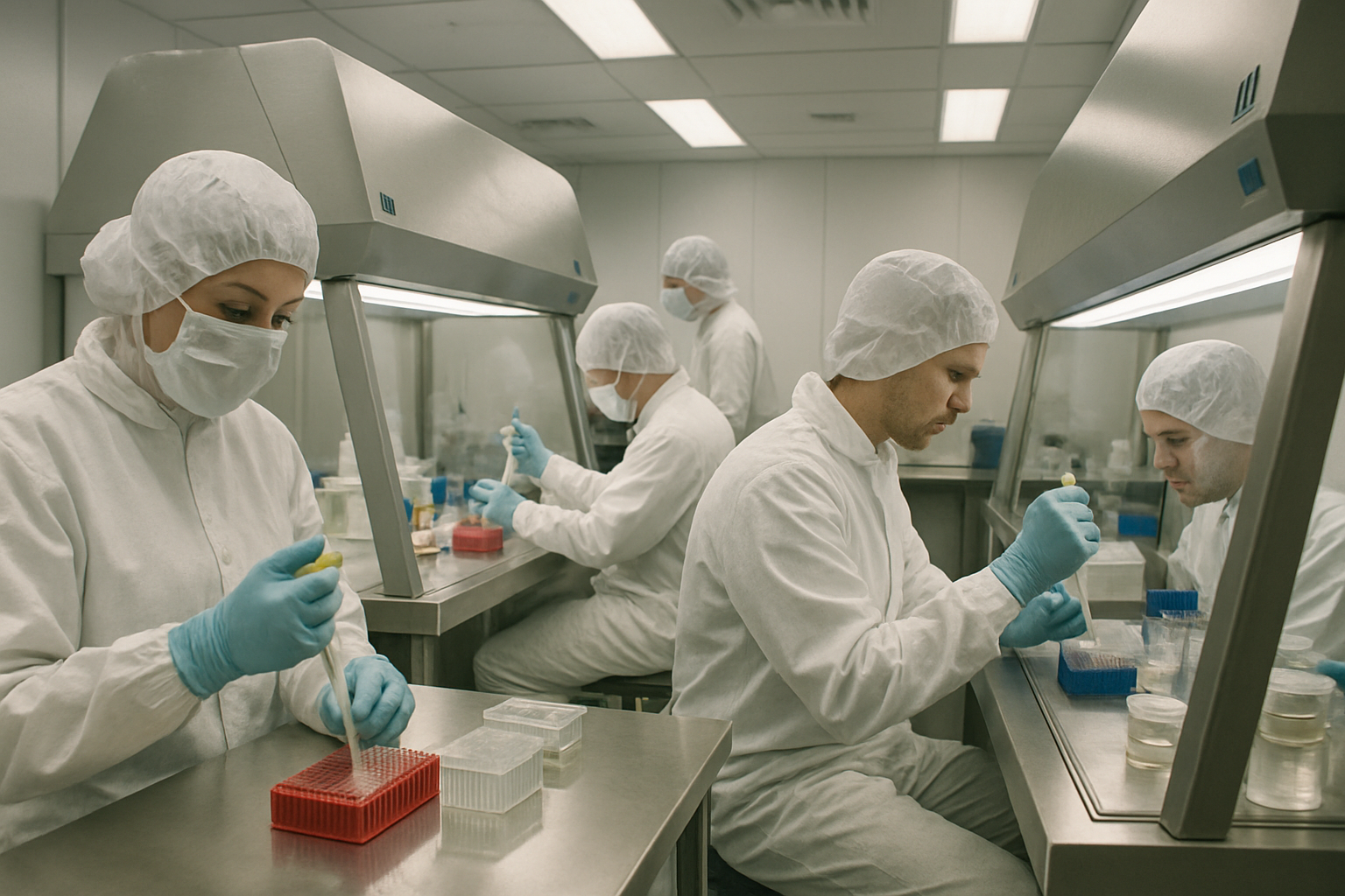 Researchers preparing mitochondrial extracts in a cleanroom for citric acid cycle studies.