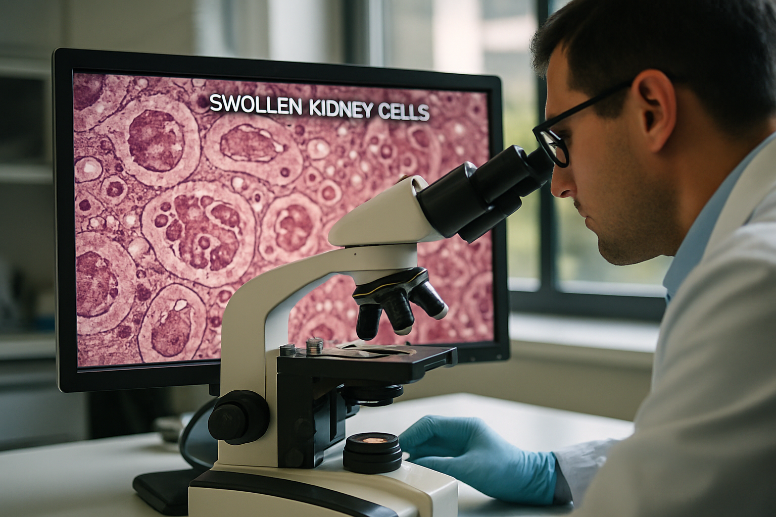 Scientist studying swollen kidney cells under a microscope in a lab.