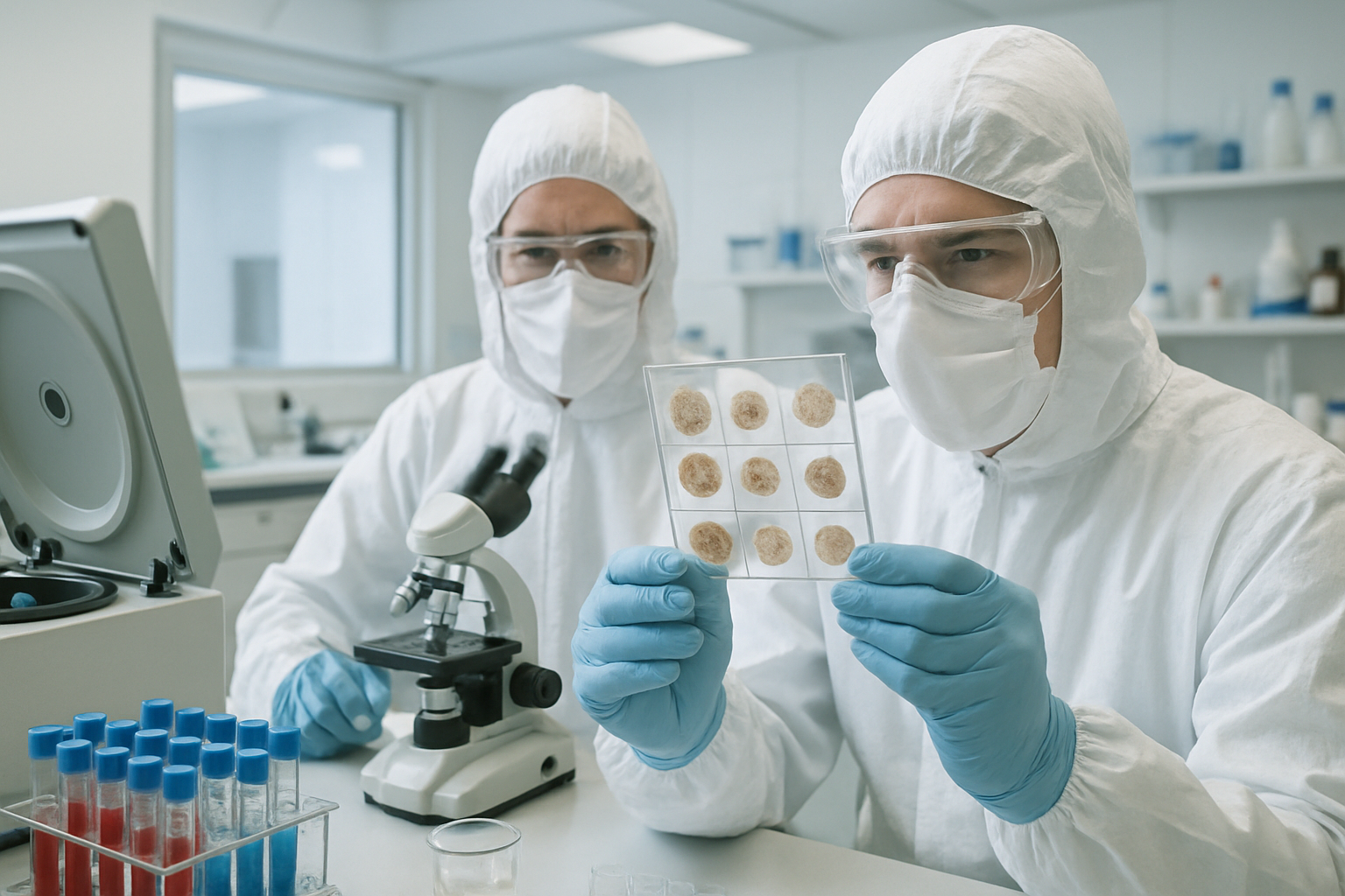 Researchers analyzing samples of accumulated substances in a cleanroom.