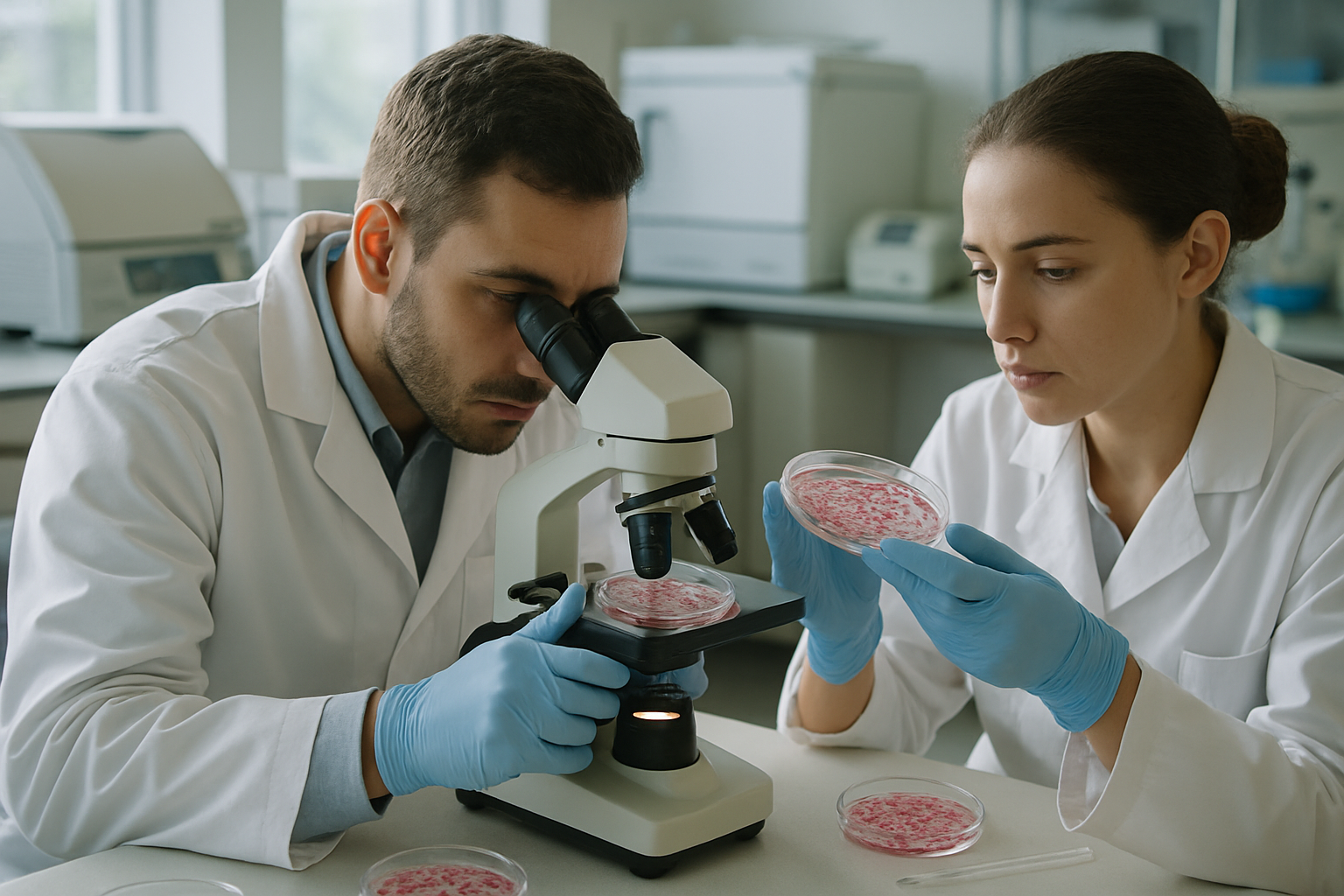 Researchers examining cellular samples in a laboratory setting.