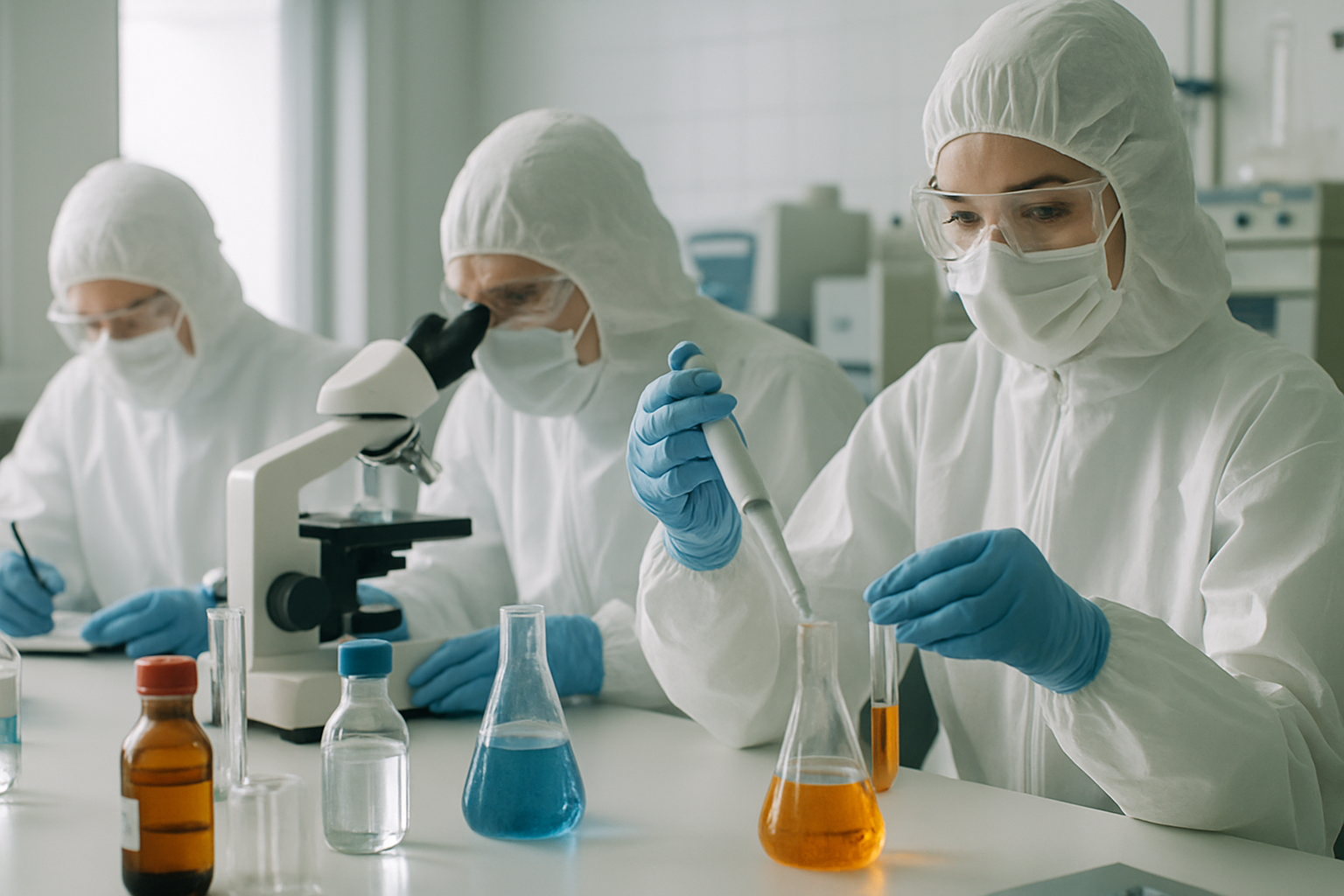 Scientists testing chemical agents in a cleanroom environment.