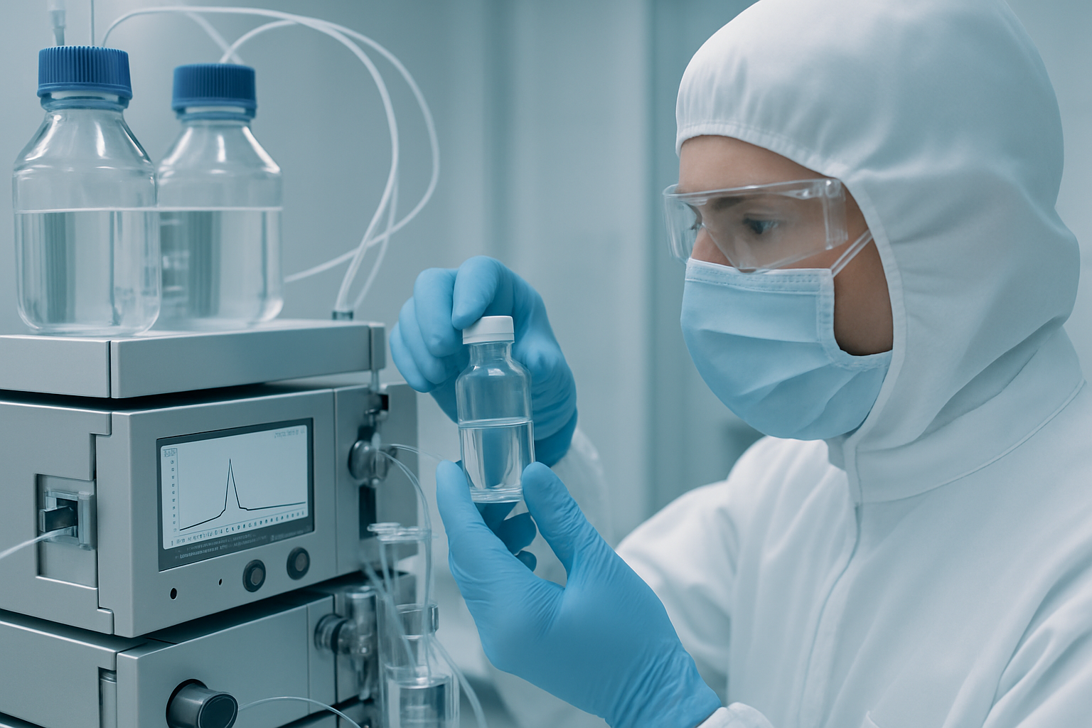 Laboratory technician analyzing purine metabolites with HPLC equipment in a cleanroom.