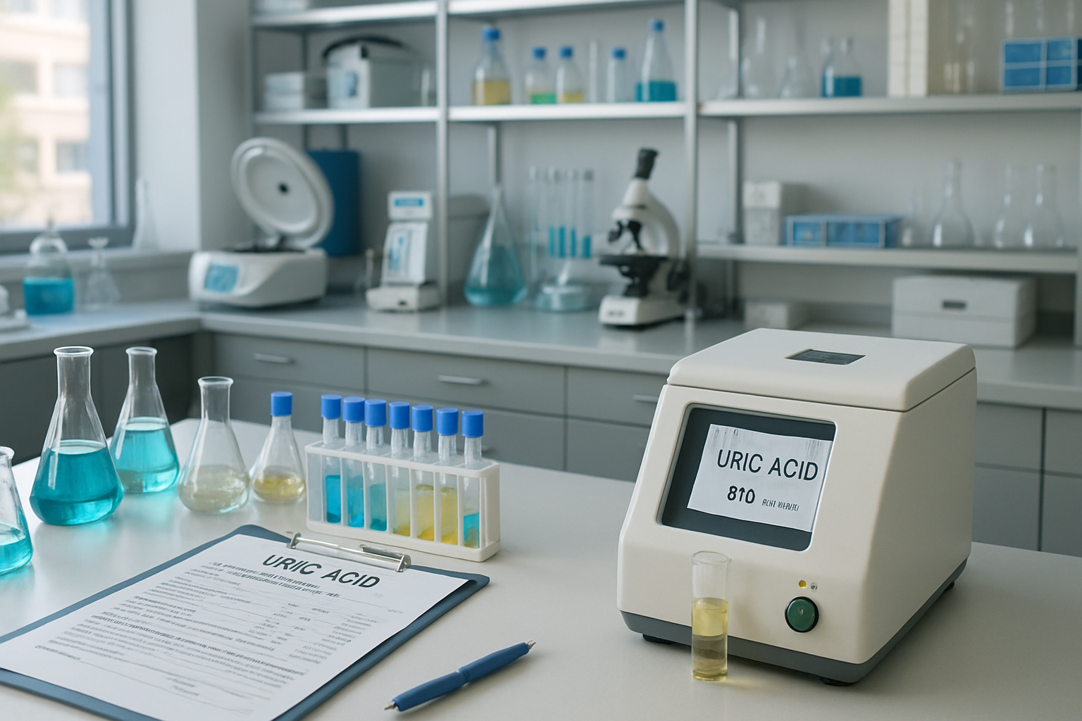 Modern pharmaceutical lab measuring uric acid levels with advanced equipment.