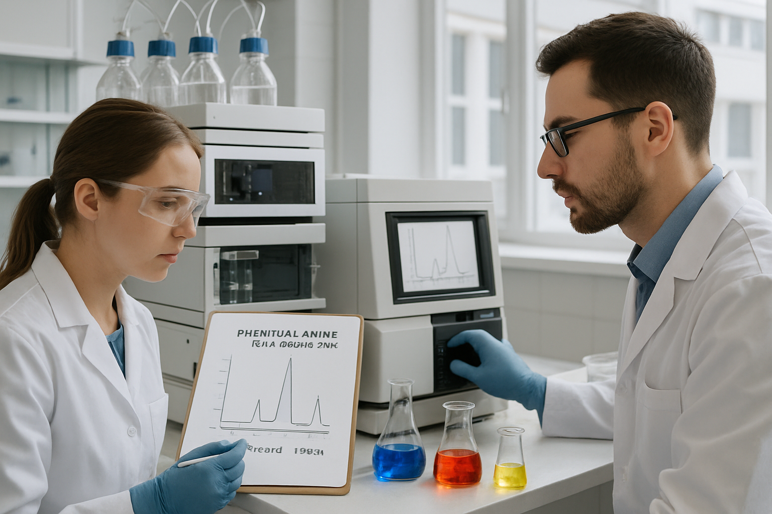 Laboratory analysis of phenylalanine and tyrosine catabolism with HPLC equipment.