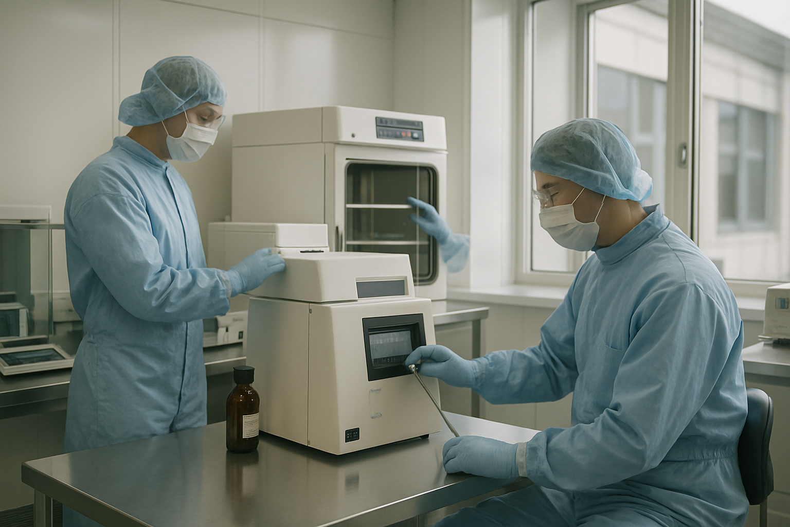 Technicians performing validation testing in a sterile pharmaceutical cleanroom.