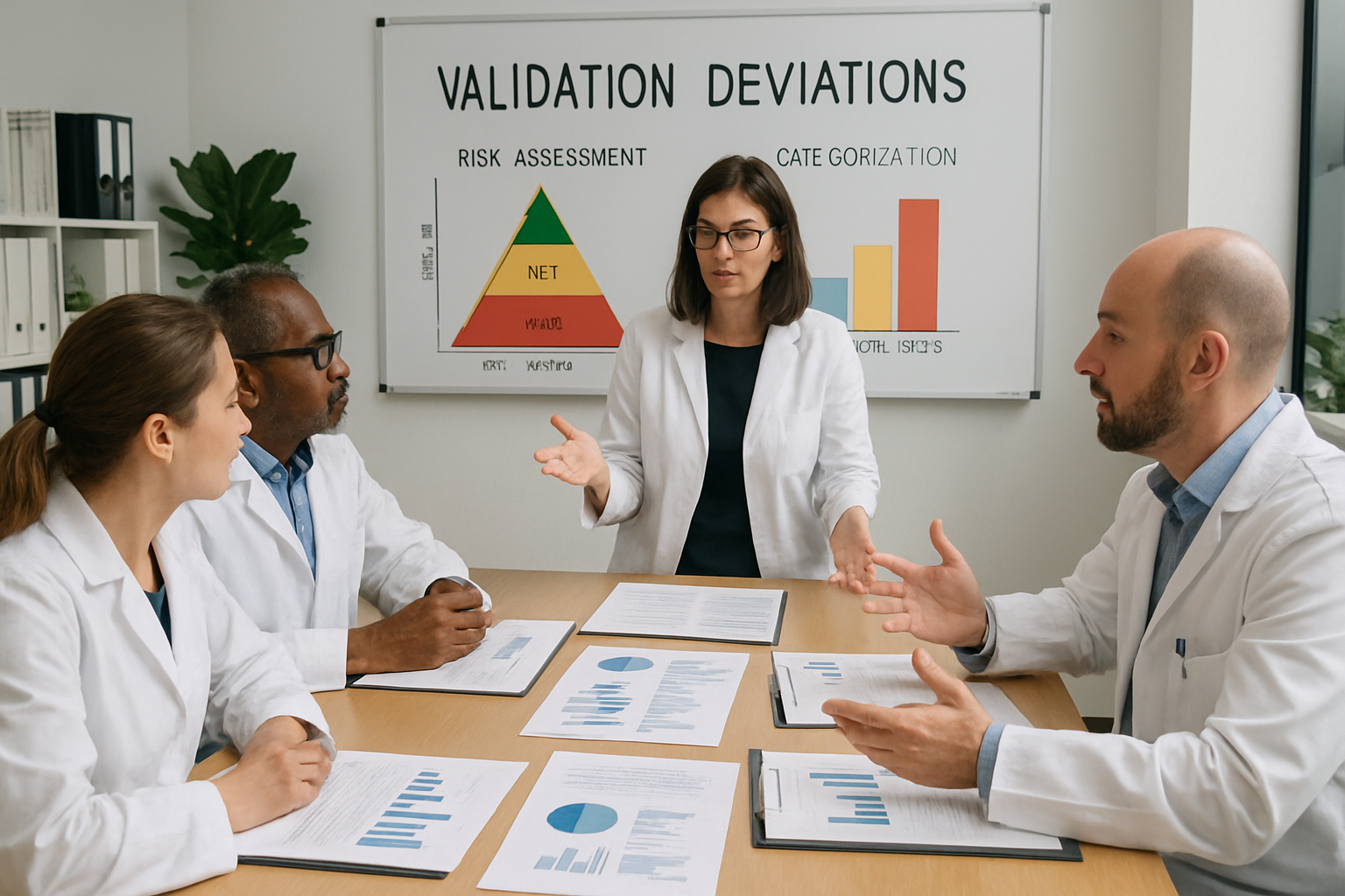 Quality assurance team discussing validation deviations in a pharmaceutical office.