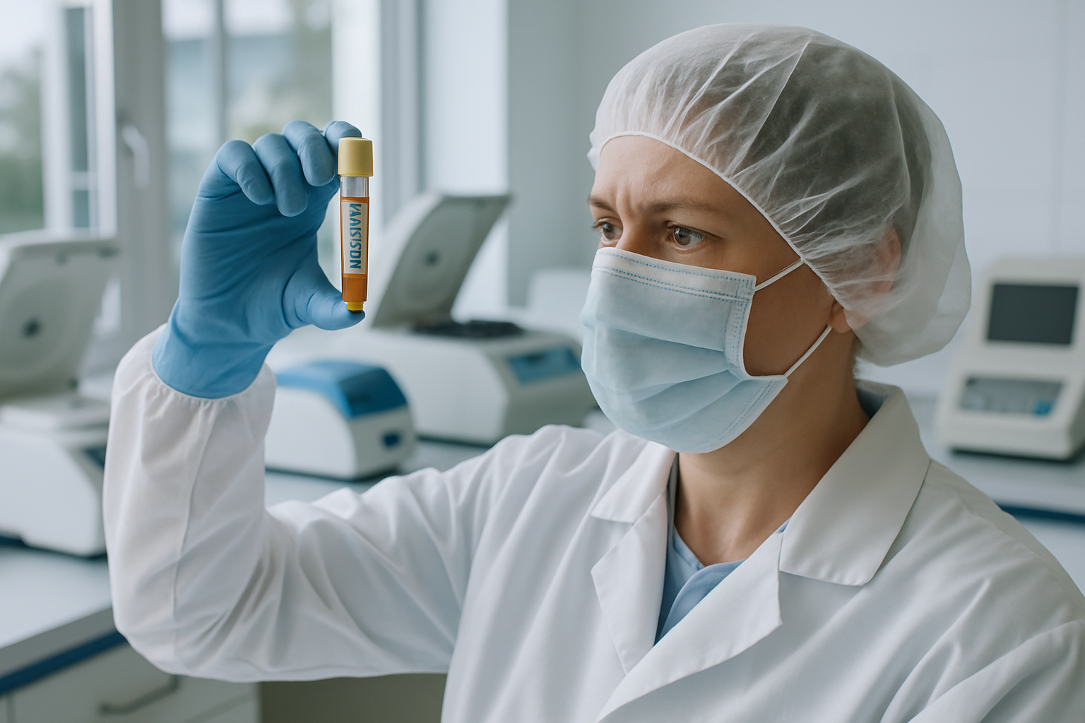 Laboratory technician analyzing bilirubin samples in a cleanroom environment.