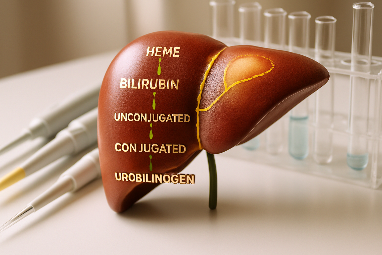 Model of the liver highlighting heme catabolism processes and bilirubin production.