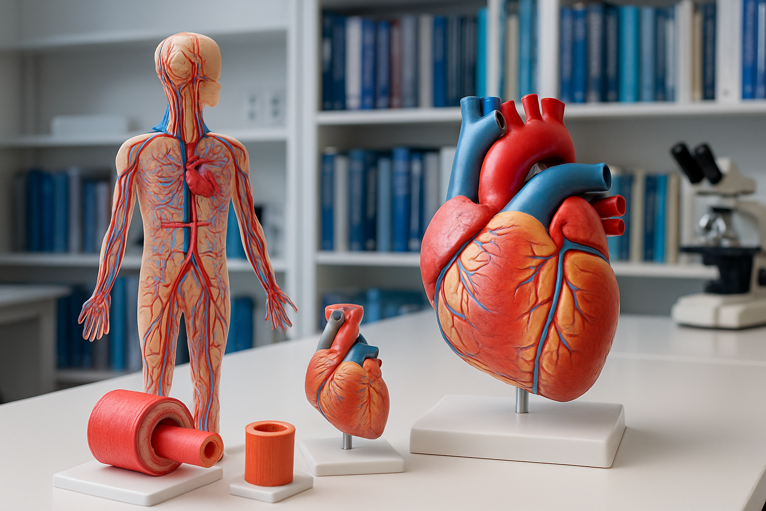 Anatomical models of the heart and blood vessels in a modern lab setting.
