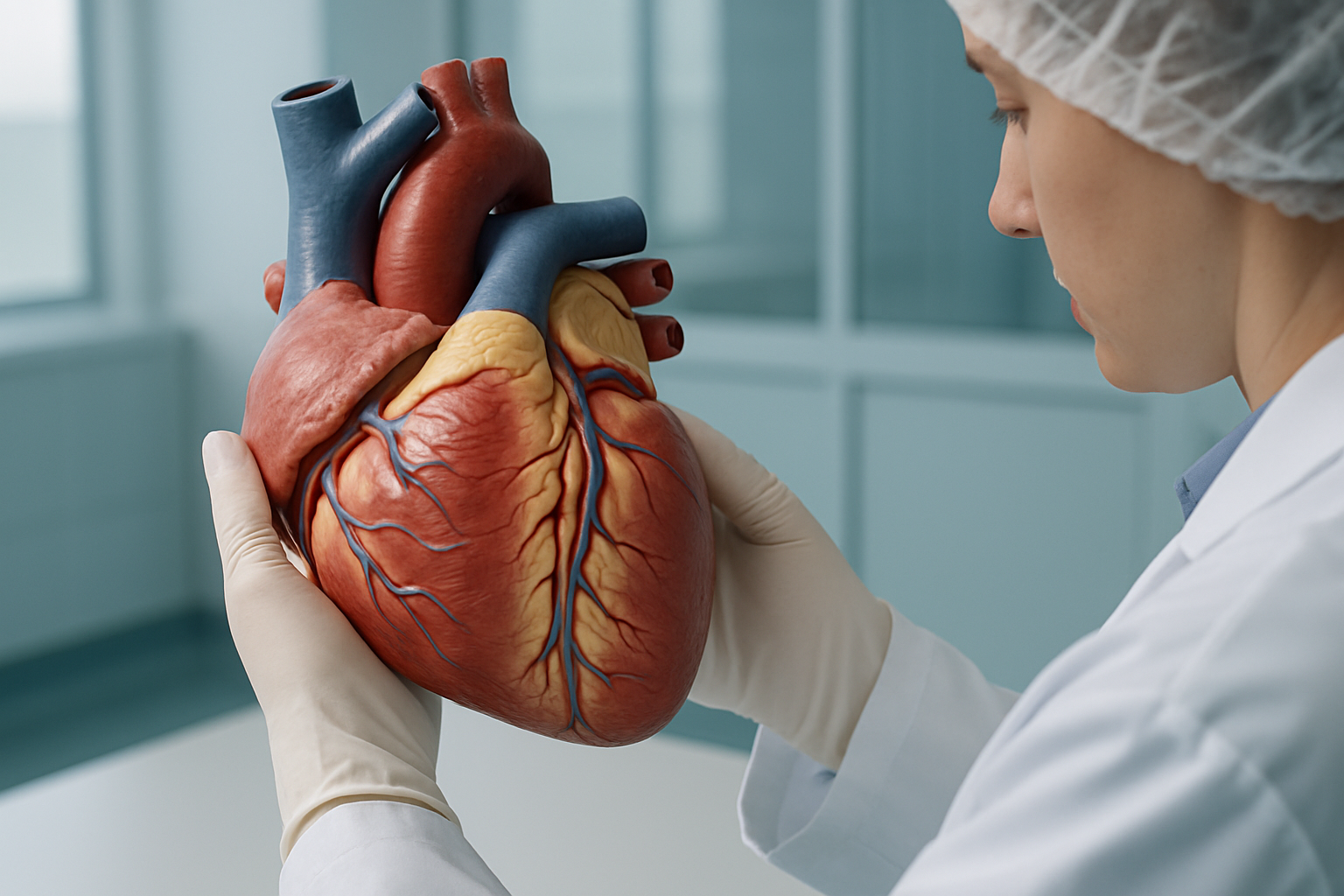 Researcher examining a detailed heart model in a cleanroom.