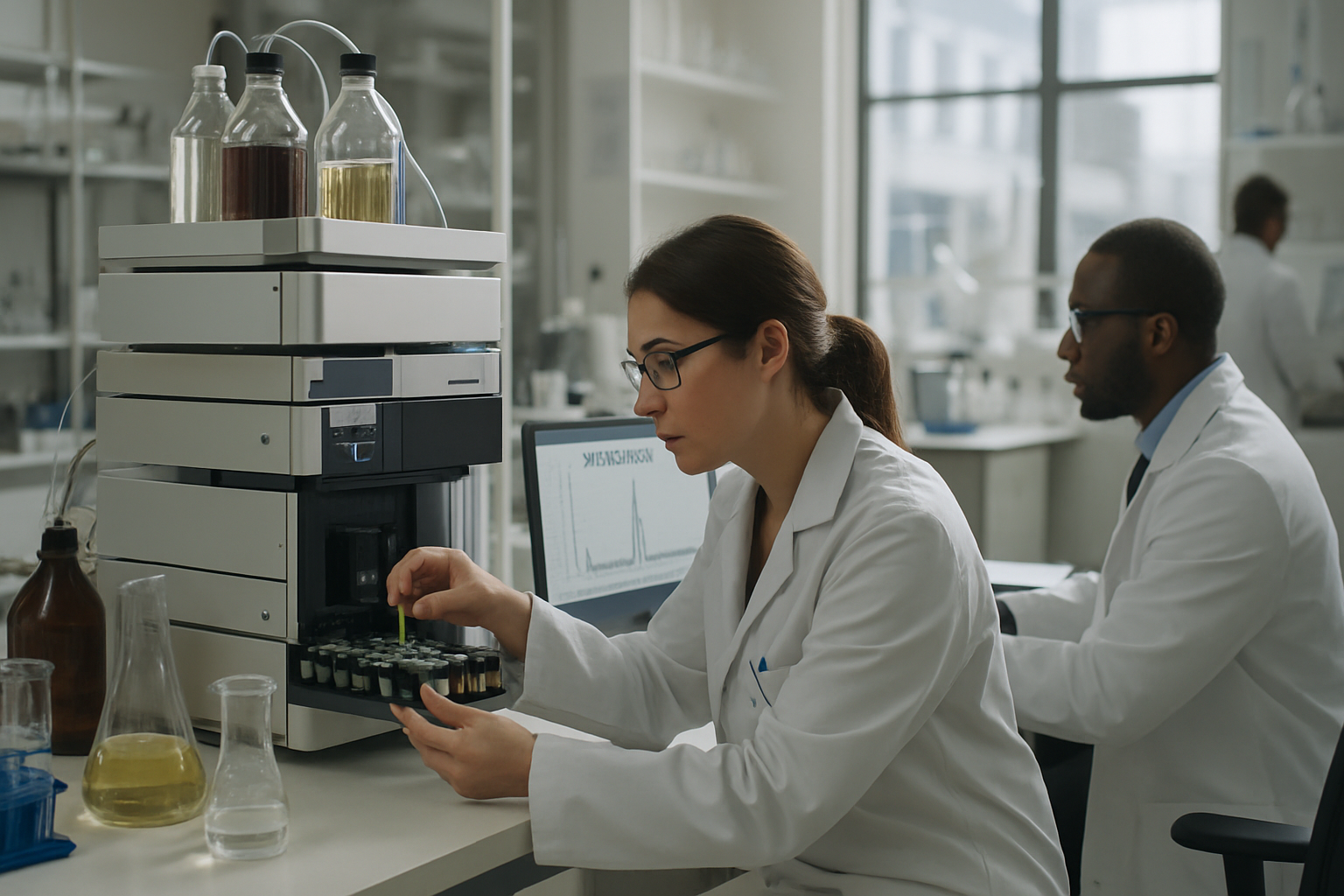 Laboratory analysis of cholesterol samples using chromatography equipment.