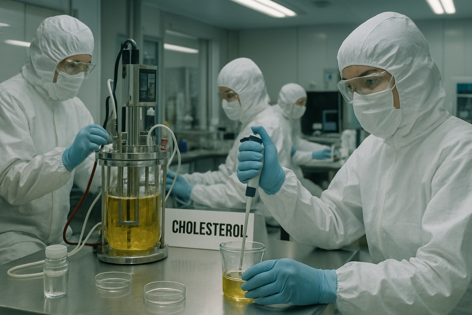 Researchers synthesizing cholesterol in a cleanroom environment with sterile equipment.