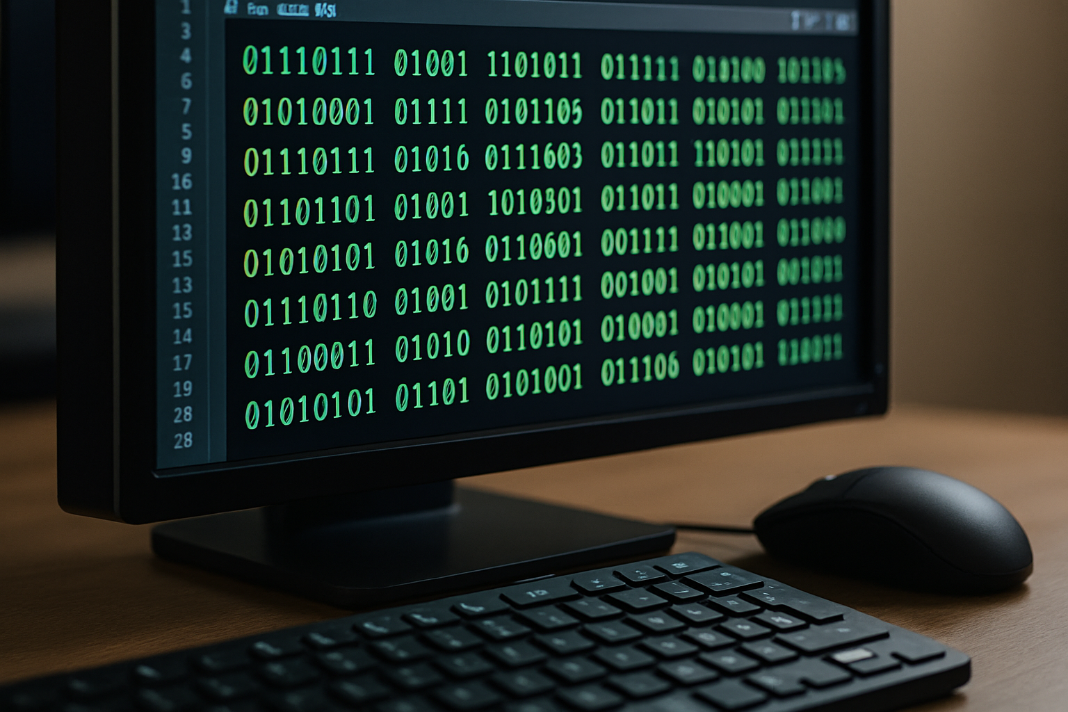 Computer screen showing binary code in a programming environment.