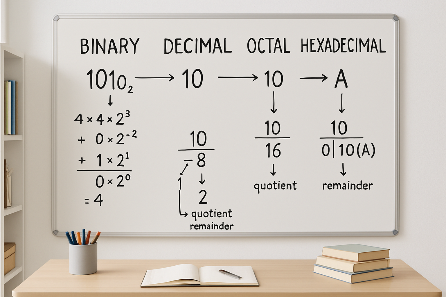 Whiteboard illustrating binary, decimal, octal, and hexadecimal number systems and conversions.
