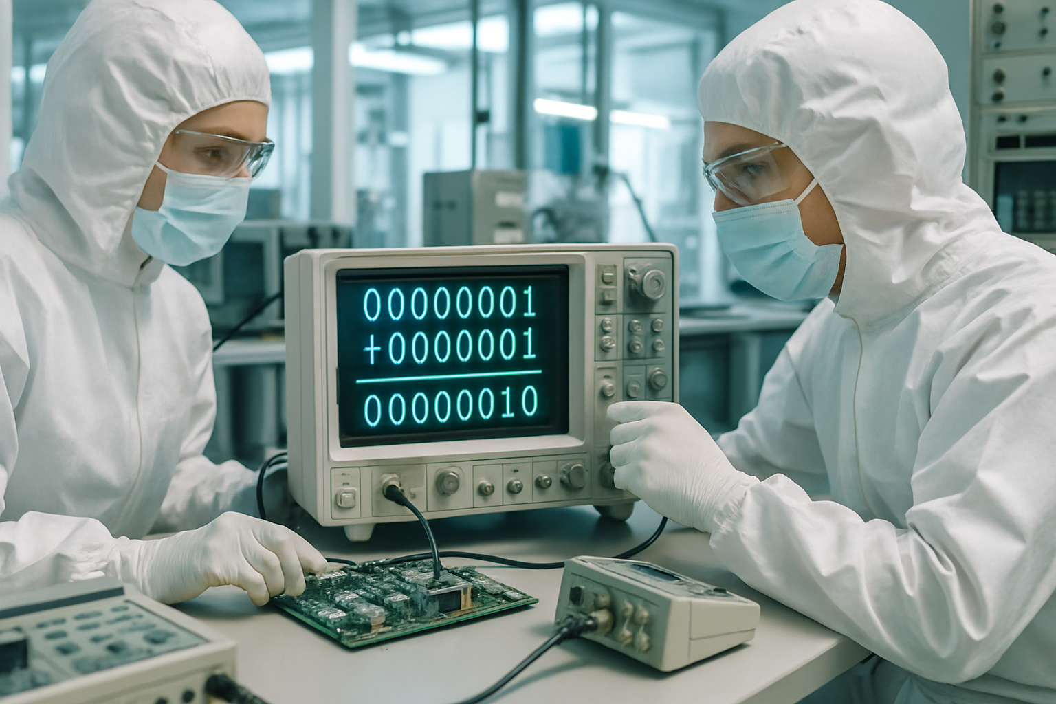 Technicians performing binary addition in a cleanroom laboratory with advanced electronic equipment.