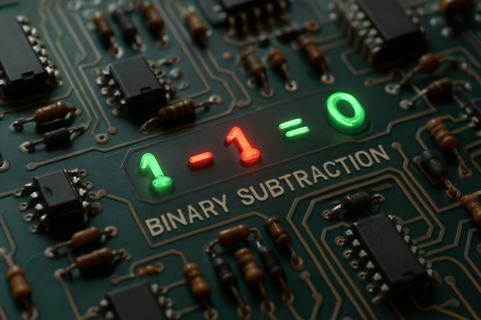 Digital circuit board displaying binary subtraction operations with LED indicators.