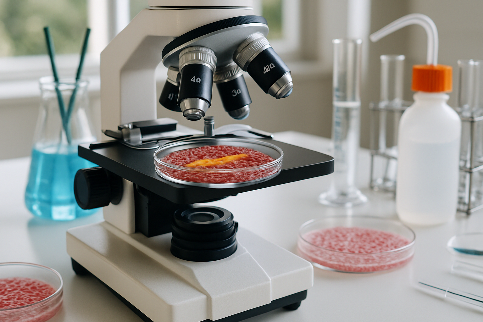 Laboratory analysis of wound healing mechanisms with microscopes and petri dishes.