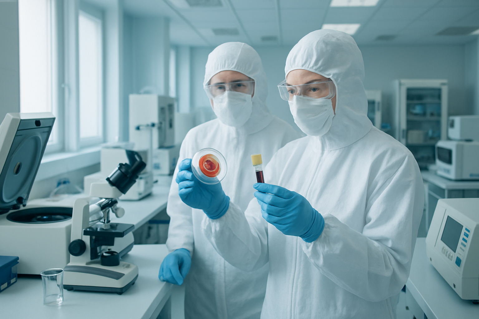 Pharmaceutical cleanroom examining samples for atherosclerosis research with advanced equipment.