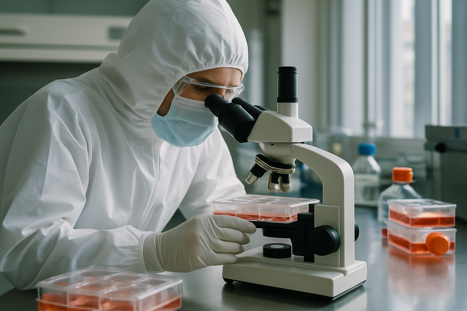 Scientist examining cell cultures in a cleanroom laboratory.