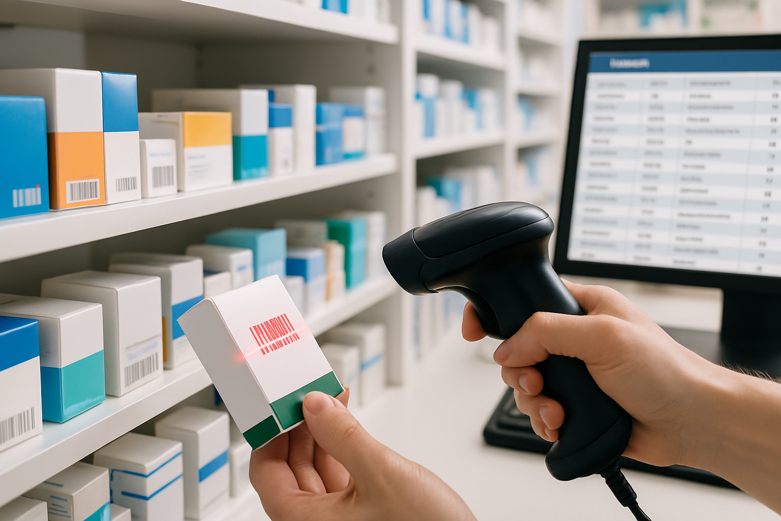 Pharmacy inventory management with barcode scanning in action, showcasing organized shelves and a computer terminal.