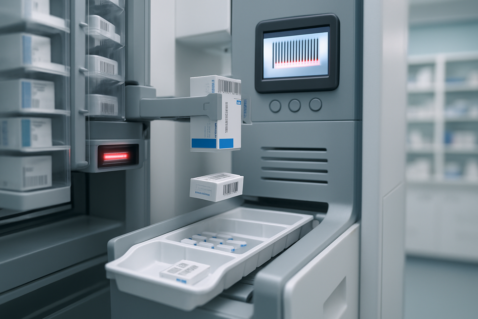Automated drug dispensing machine in action, scanning barcodes and dispensing medication in a modern pharmacy.