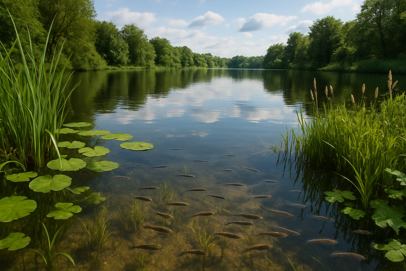 A tranquil freshwater lake with aquatic plants and fish, representing a lentic ecosystem.