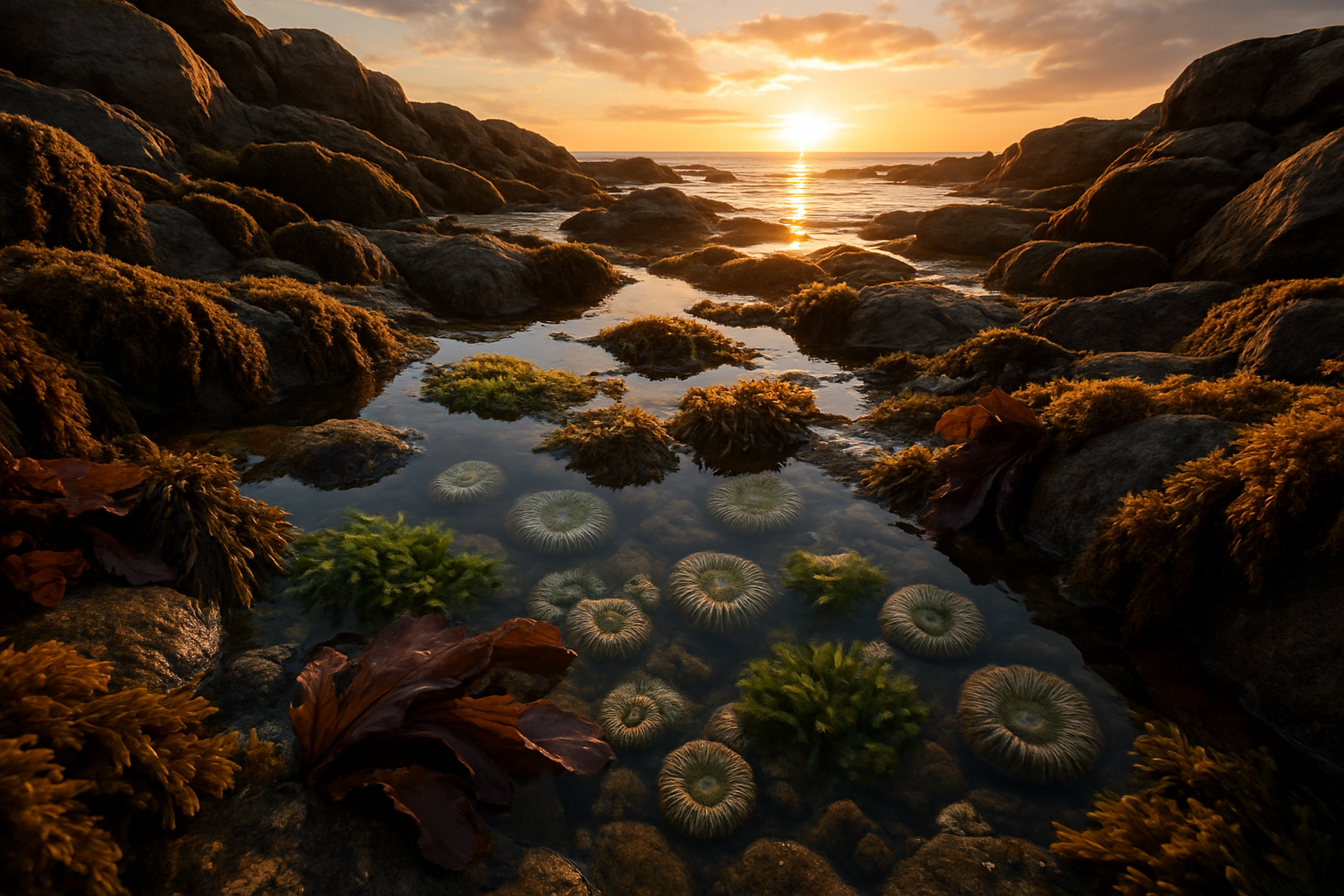 A coastal ecosystem at sunrise with tidal pools and marine life, illustrating the interface of land and sea.