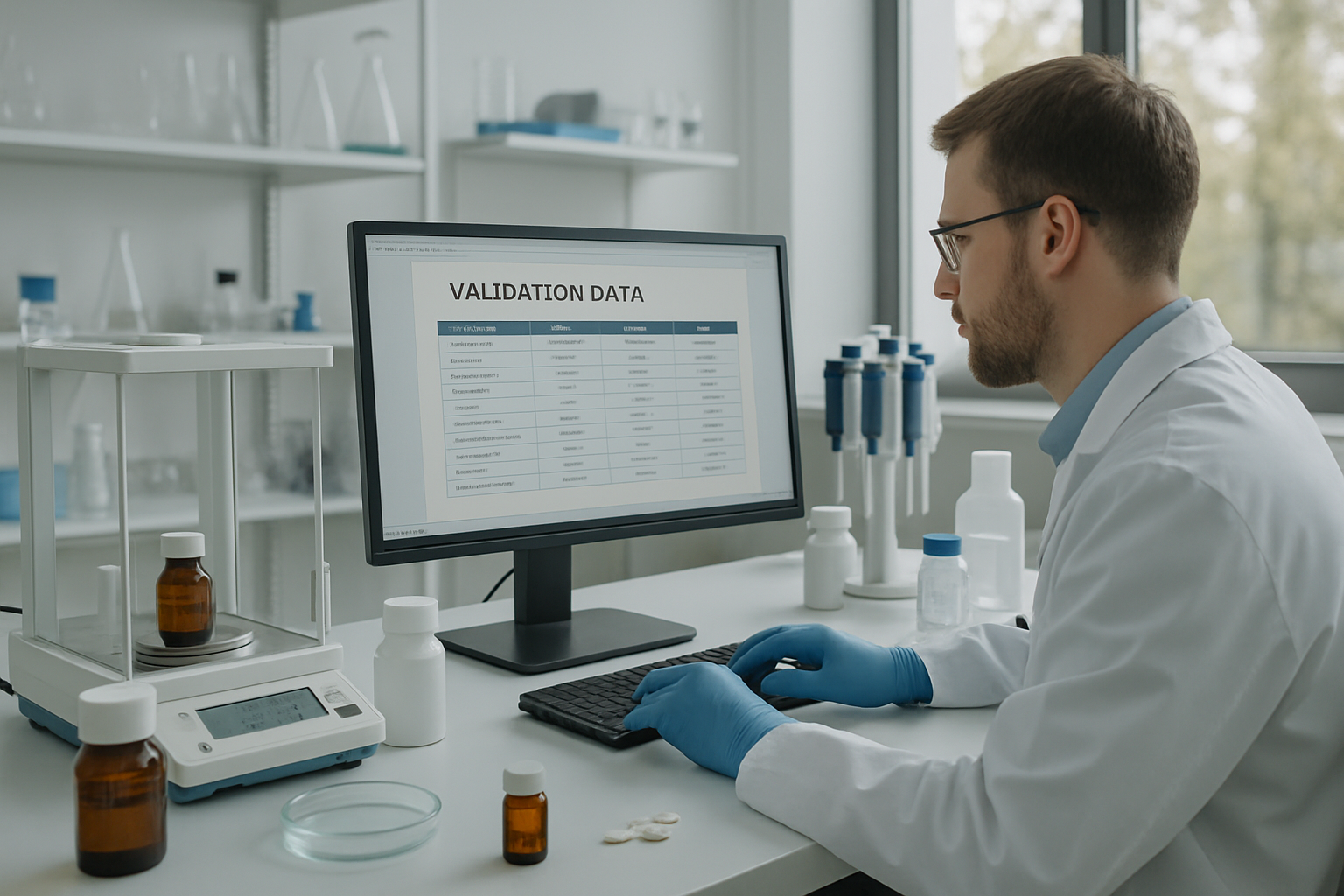 Technician reviewing validation data in a pharmaceutical QA lab.