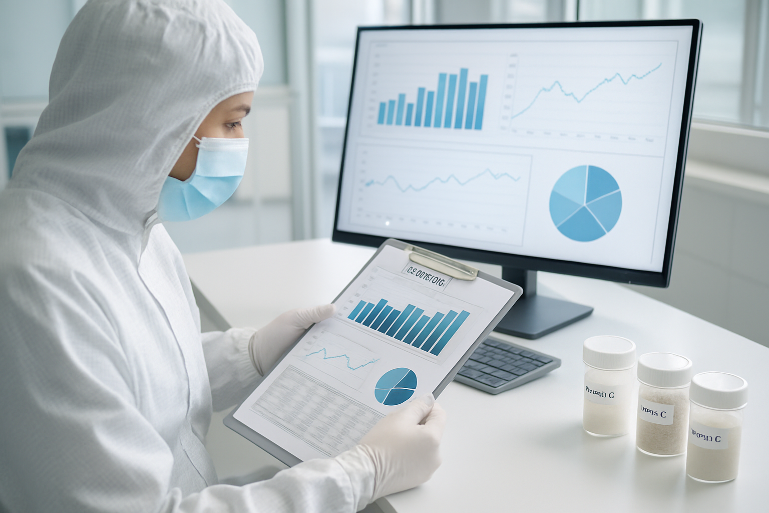 Close-up of primary data examination in a pharmaceutical lab.