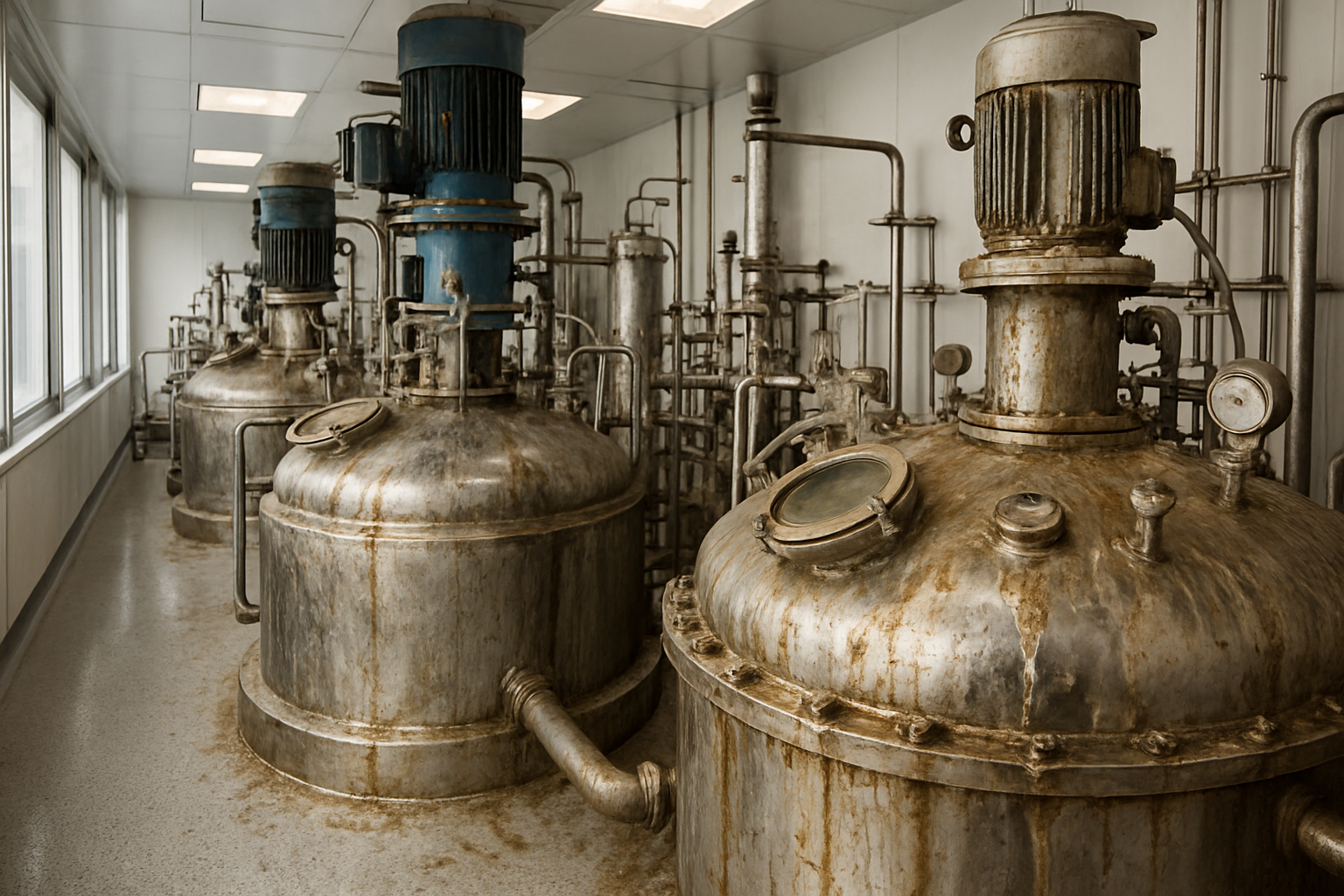 Pharmaceutical cleanroom with uncleaned manufacturing equipment, highlighting residue accumulation risks.