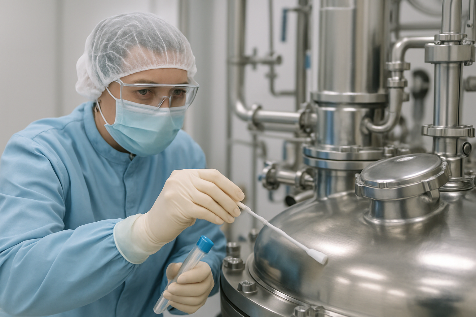 Laboratory technician collecting residue samples from manufacturing equipment for dirty hold time studies.