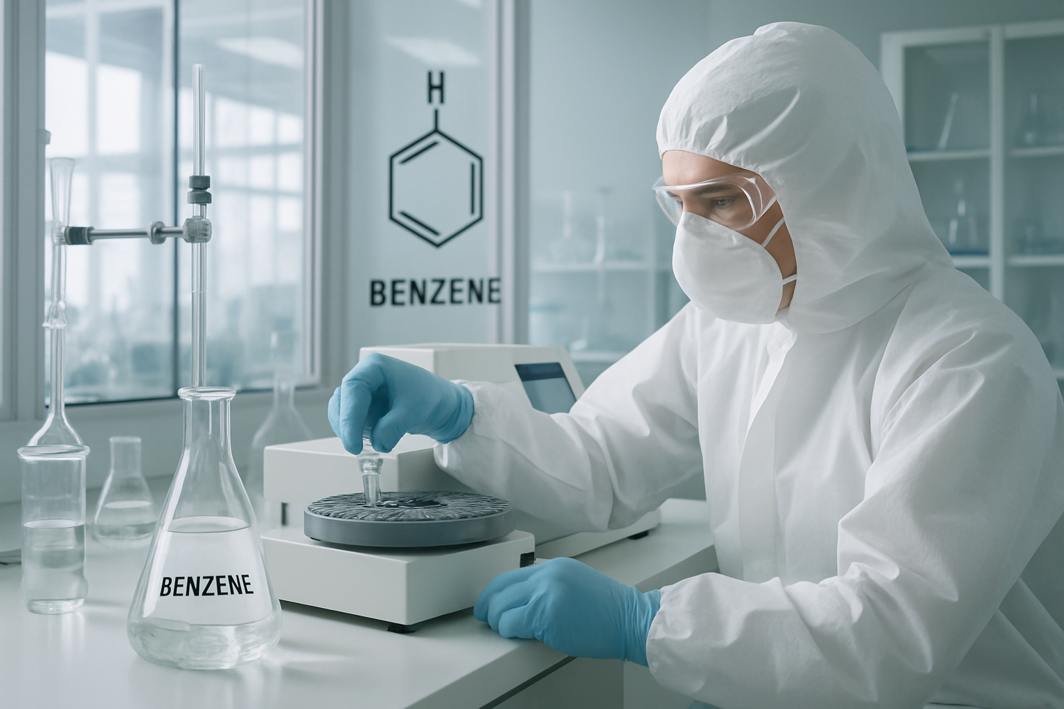 Chemist analyzing benzene samples in a cleanroom lab environment.