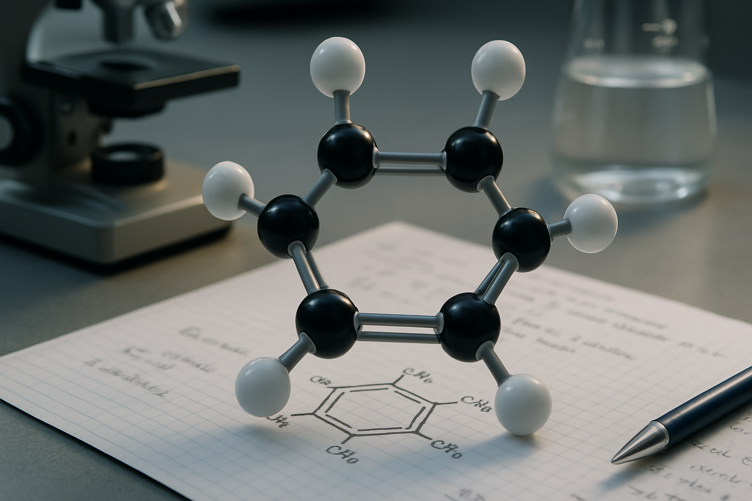Close-up of a molecular model of benzene showcasing its cyclic structure.