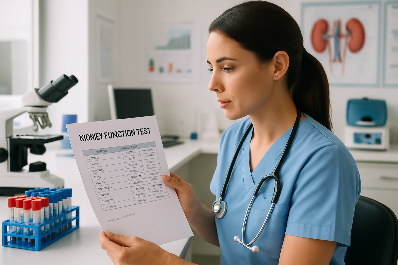 Healthcare professional reviewing kidney function tests in a clinical lab.