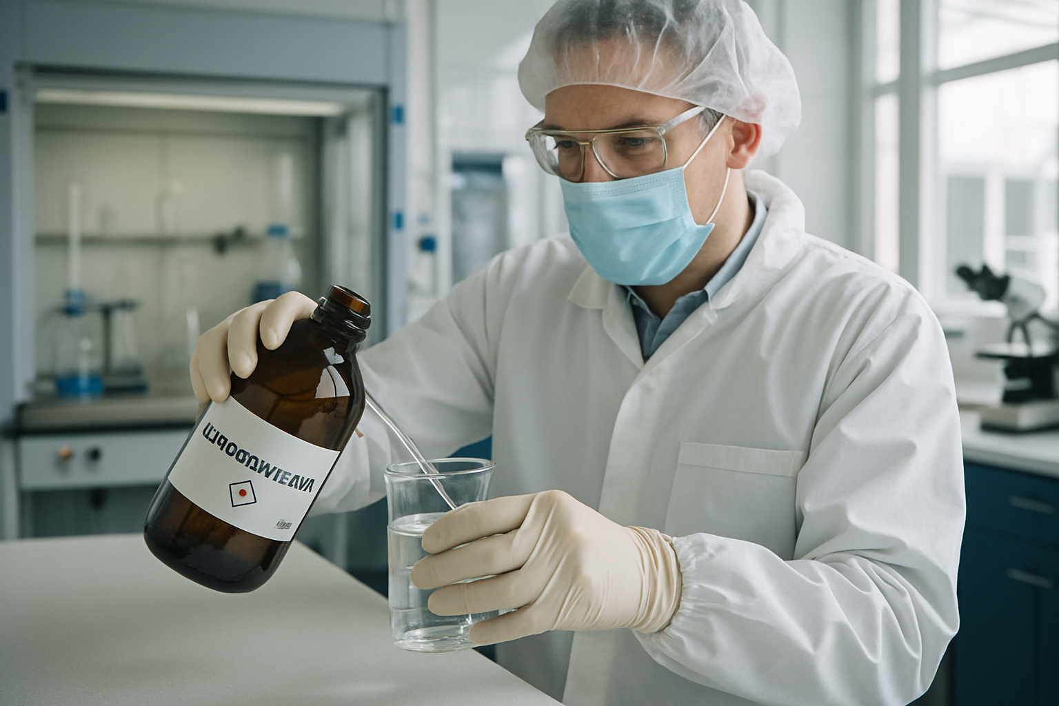 Laboratory scene with a chemist measuring dichloromethane in a cleanroom.