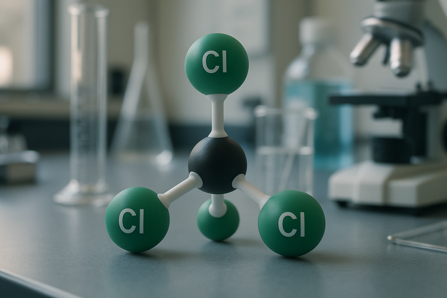 Chemical structure model of tetrachloromethane in a laboratory setting.