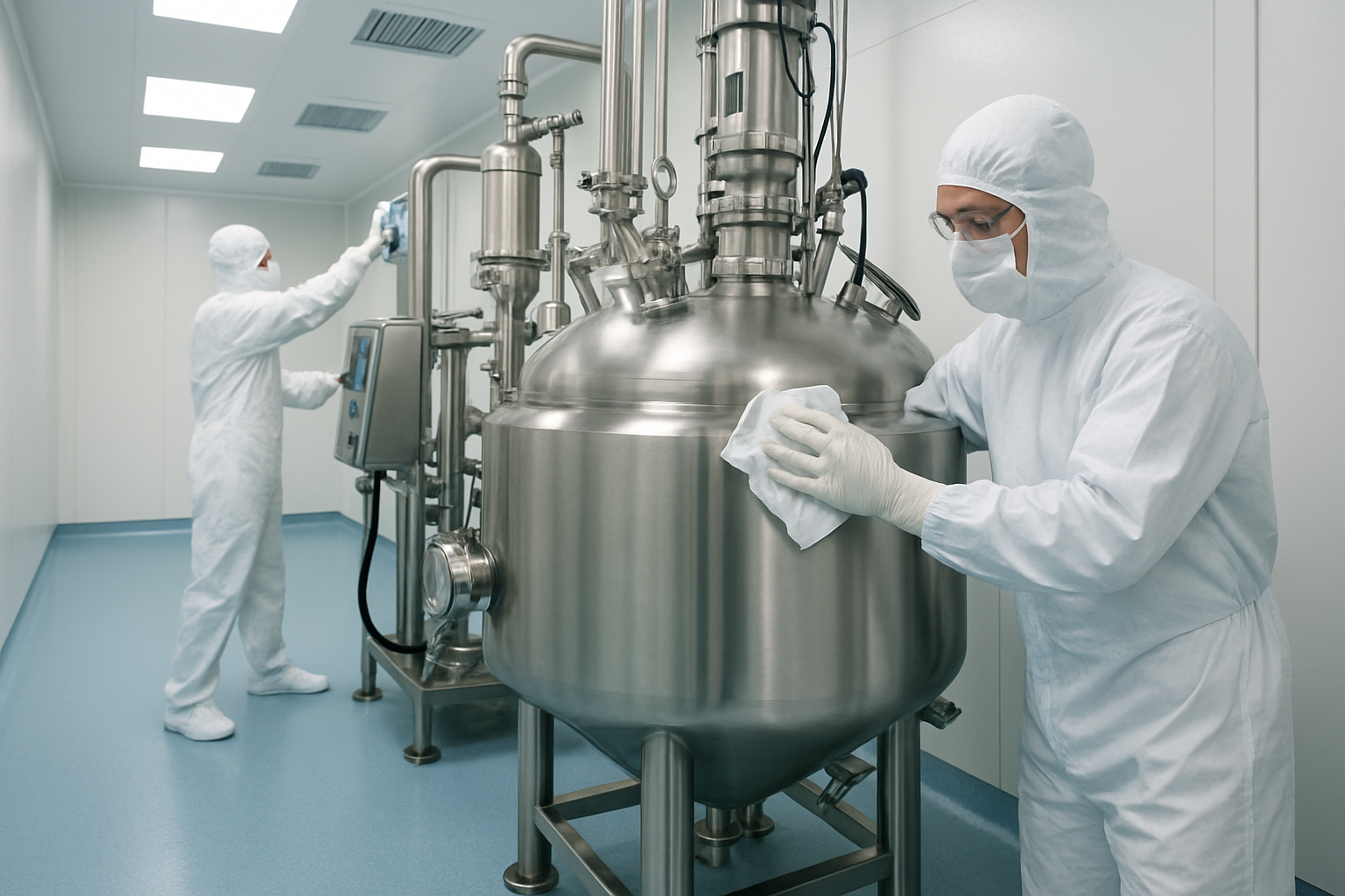 Technicians performing cleaning validation in a pharmaceutical cleanroom.